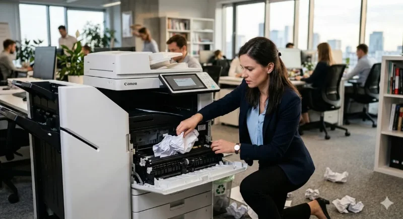 Pracownik biura w Radomiu wyciągający zacięty papier z kserokopiarki